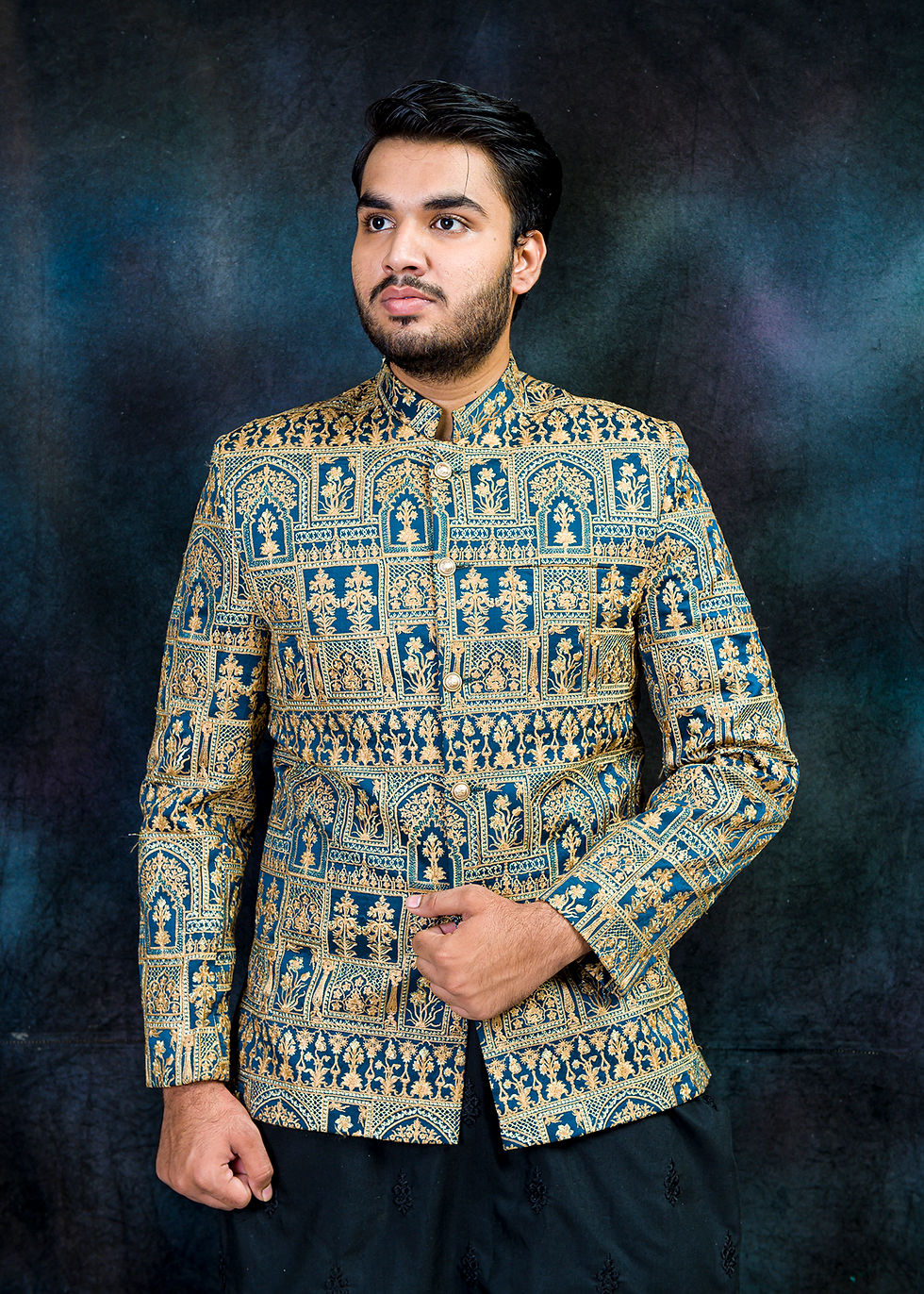 Mens Prince Coat Embroidered Design for Groom in Blue