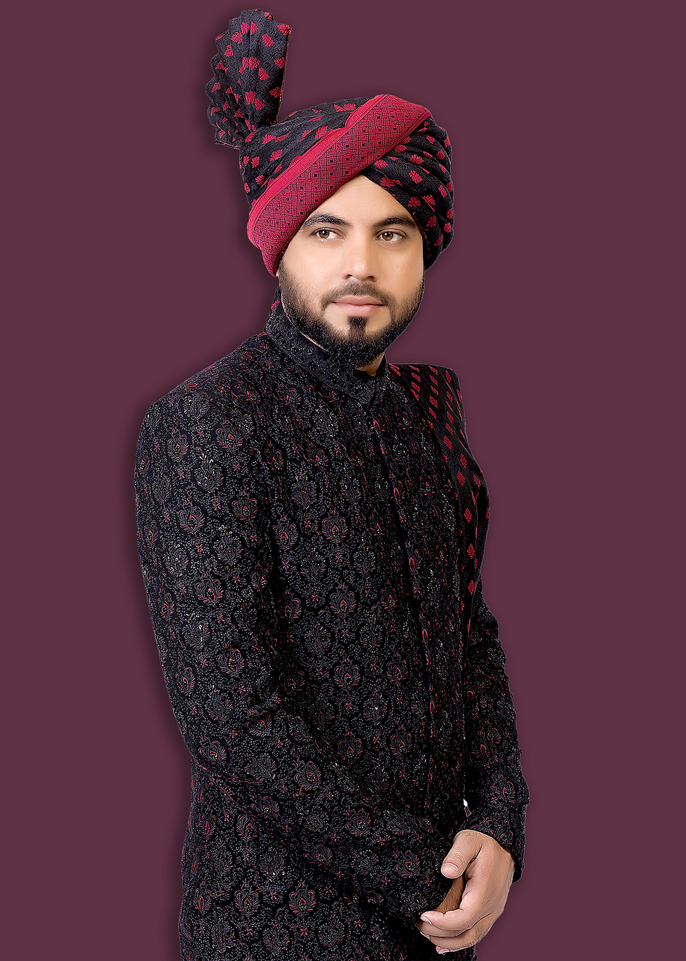 Mens Wedding Sherwani design for Groom in Black and Red