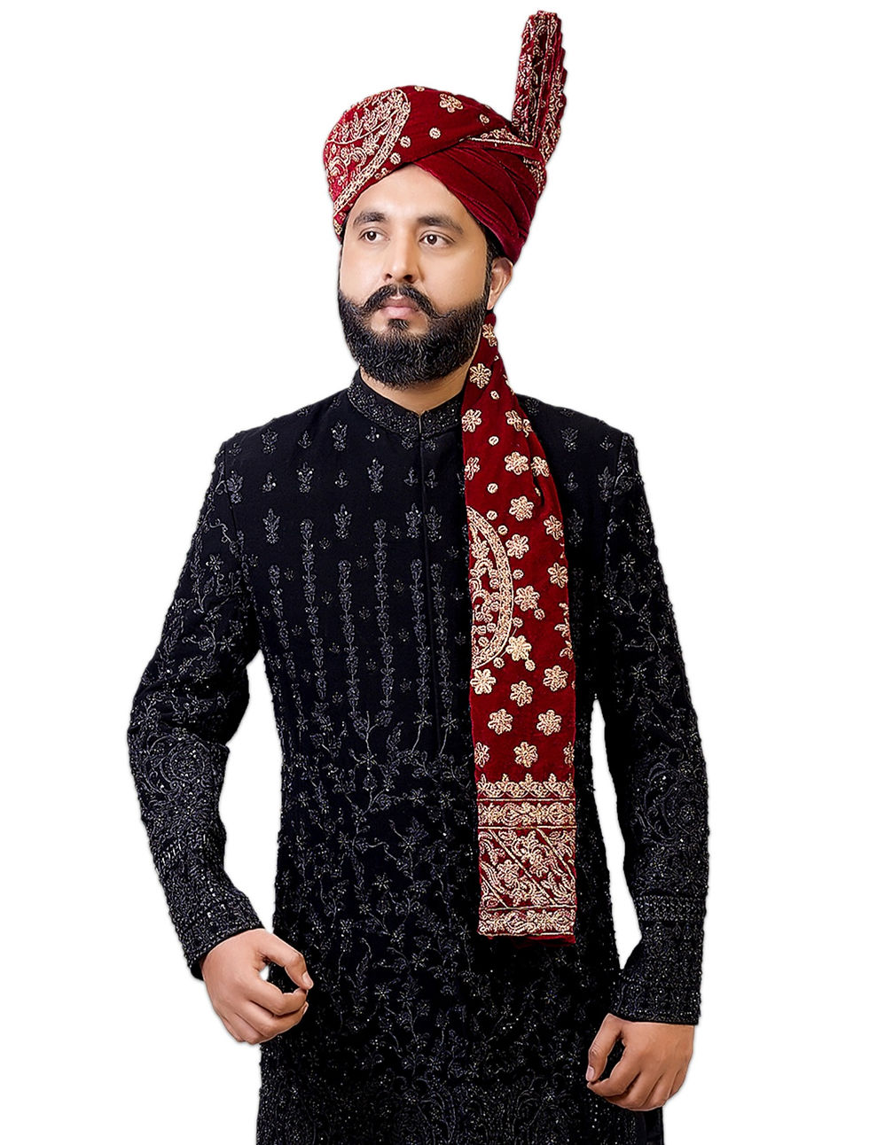 Mens Embroidered Sherwani Suit in Black