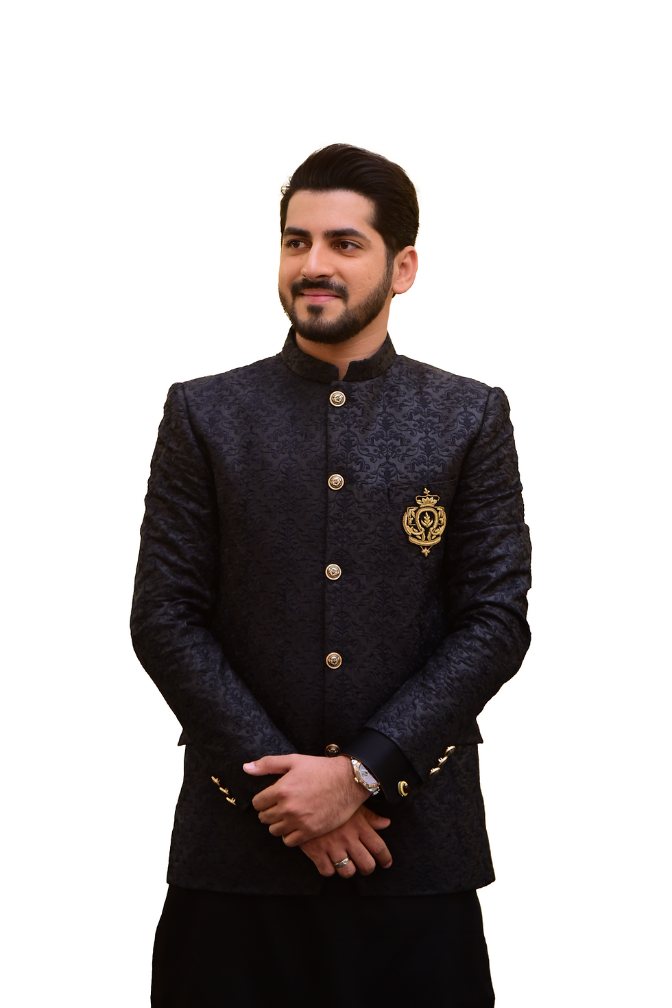 Mens Prince Coat Design for Groom in Black Jamawar