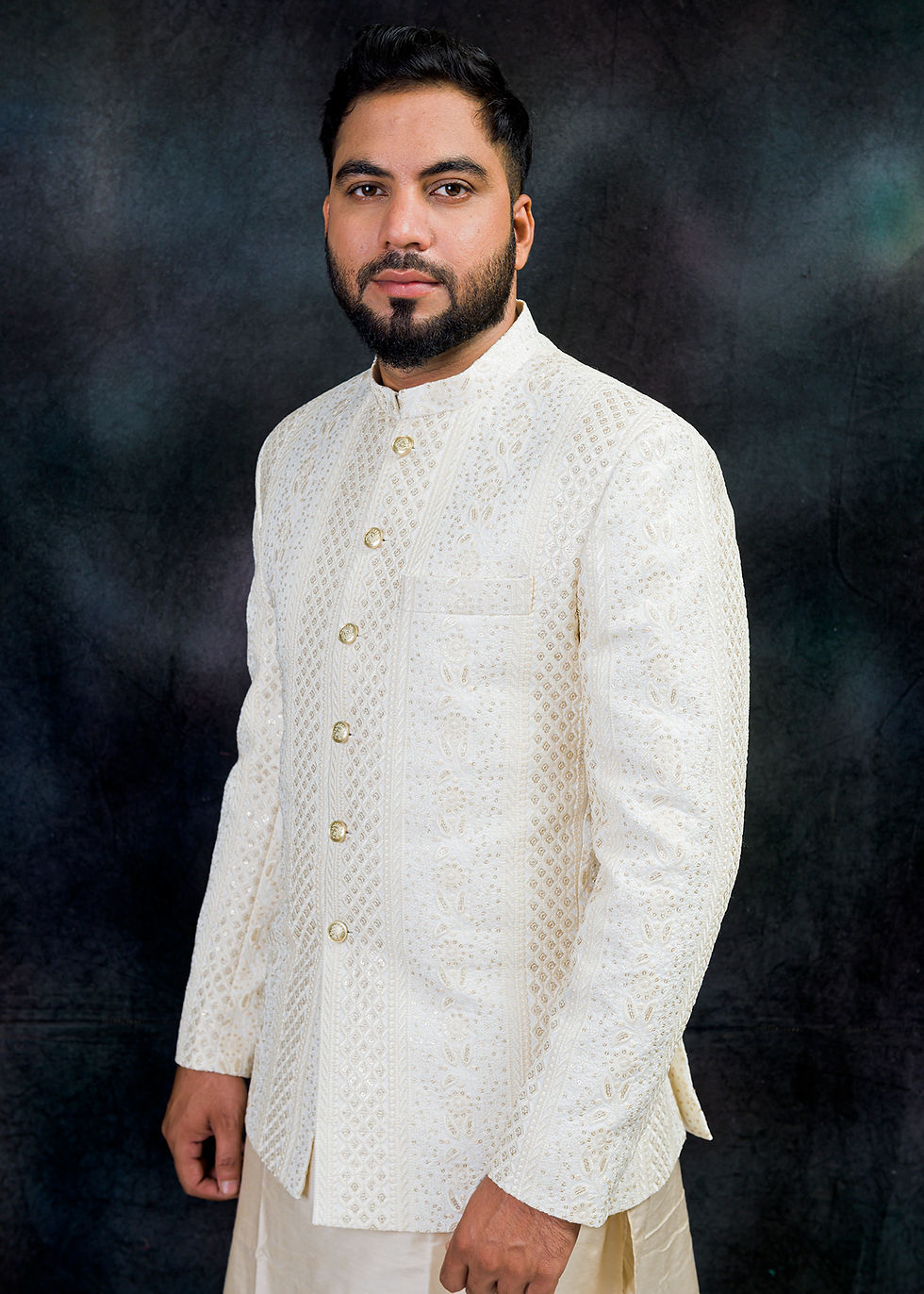 Mens Prince Coat Design for Groom in White Jamawar