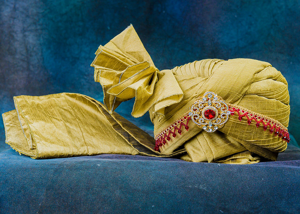 Mens Wedding Turban Design for Groom in Golden Color with Red Work