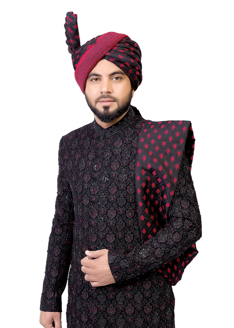 Mens Wedding Sherwani design for Groom in Black and Red