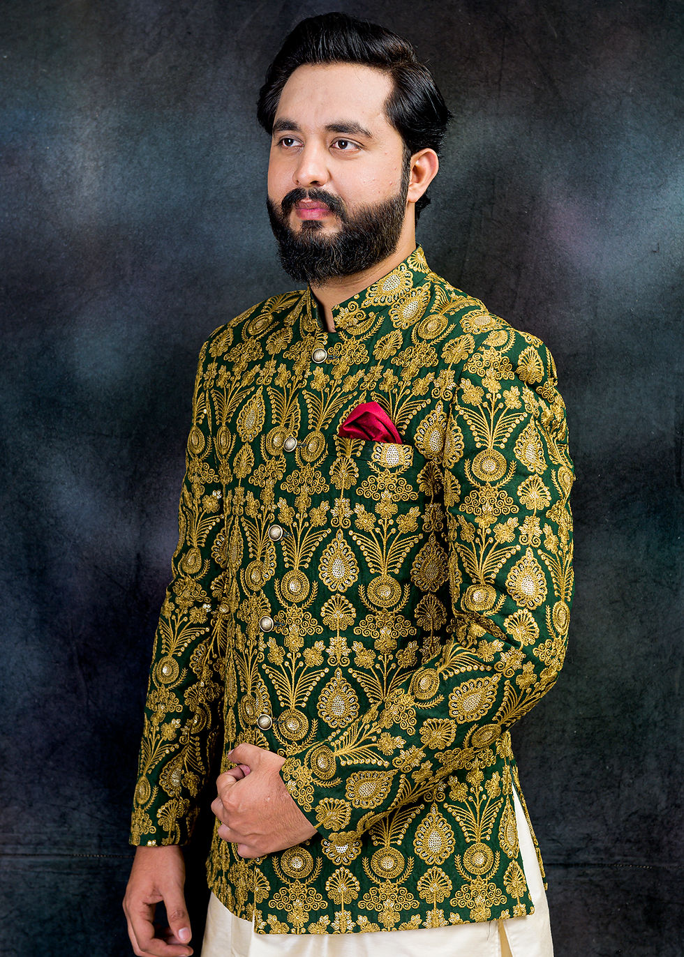 Mens Prince Coat Embroidered Design for Groom in Green