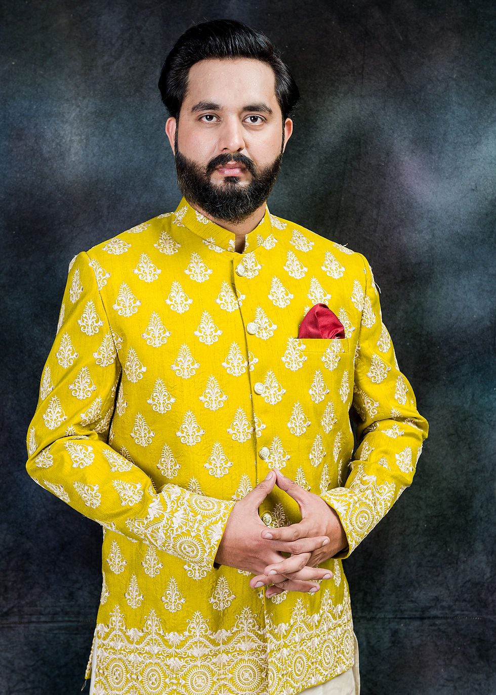 Mens Prince Coat Embroidered Design for Groom in Yellow