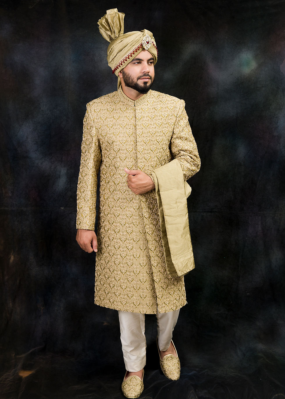 Mens Wedding Sherwani design for Groom in Gold