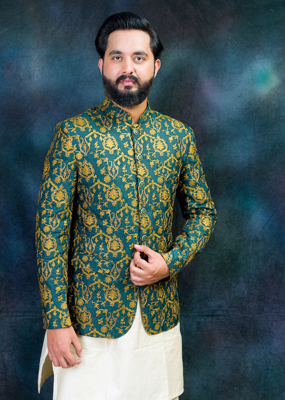 Mens Prince Coat Embroidered Design for Groom in Teal Green
